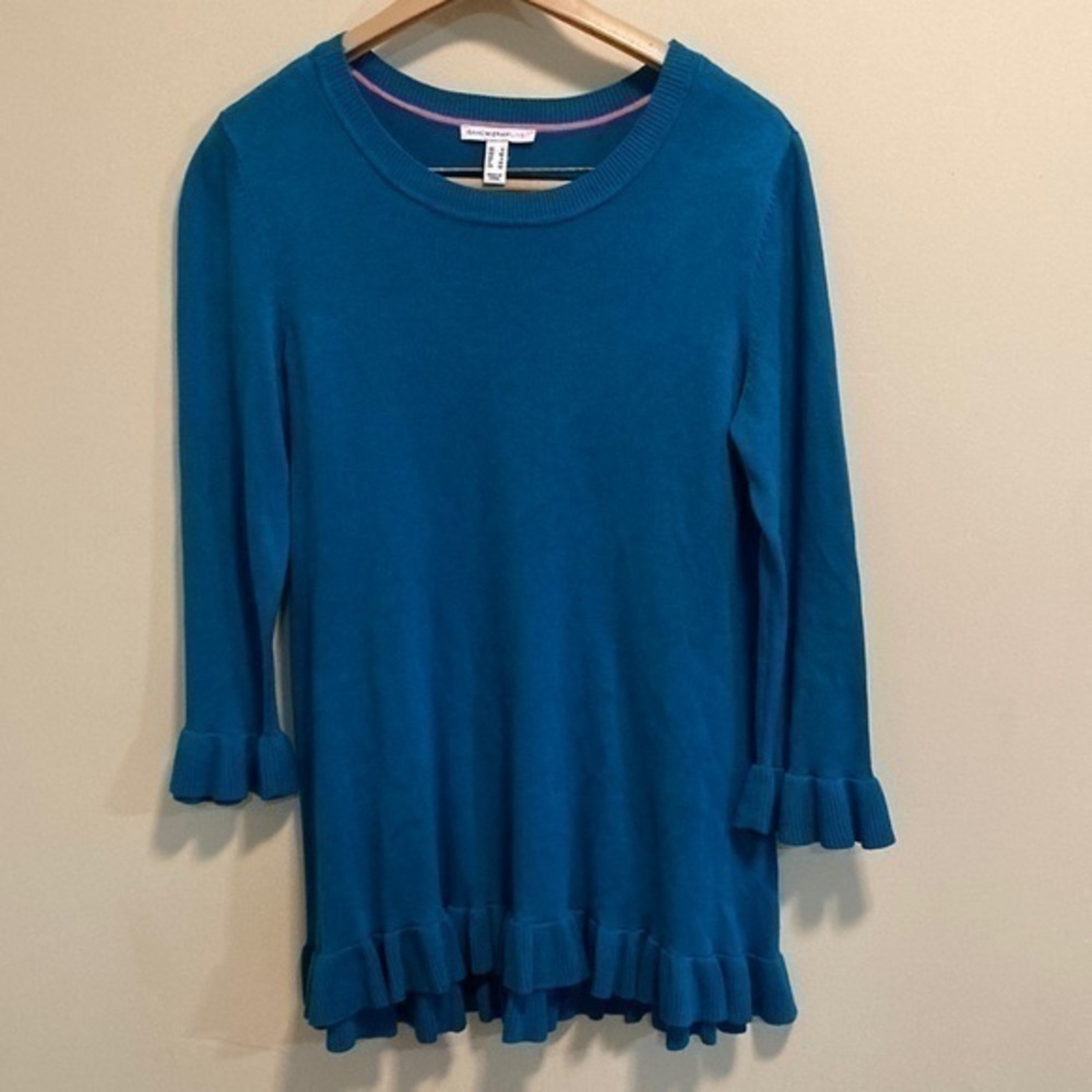 Isaac Mizrahi Live turquoise ruffled hem tunic knit top SzS